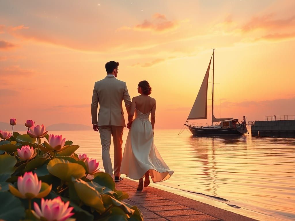 Romantic Couple Stroll at Sunset in Sugimoto Style