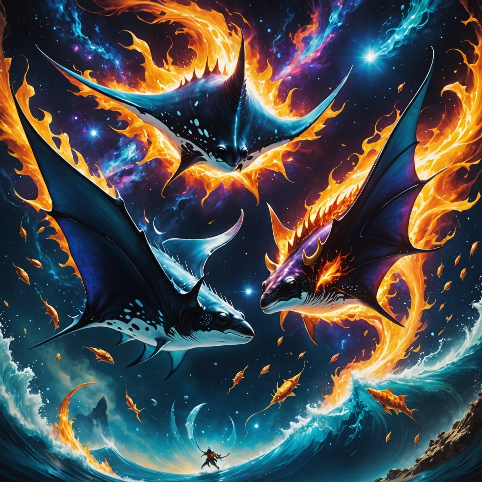 Manta Ray Battles Phoenix in Cosmic Skies