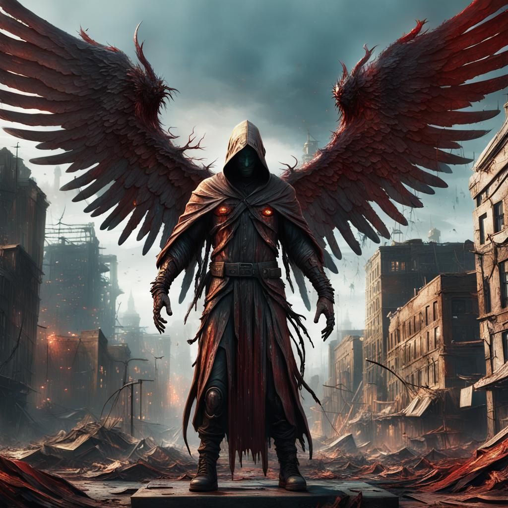 Bleeding Faceless Angel in Post-Apocalyptic City