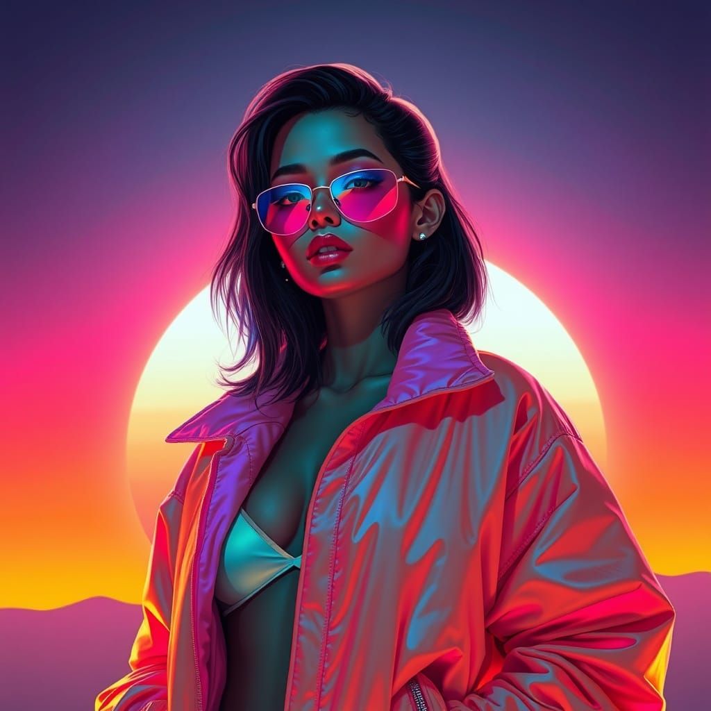 Neon Woman Posing at Sunset in Retro-Futuristic Style