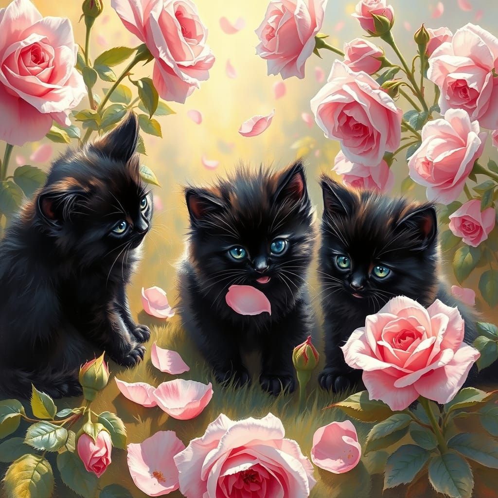 Fluffy Black Kittens in a Whimsical Rose Garden