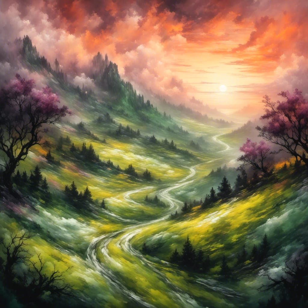 Mountain Spring with Silver Flowers, Digital Painting