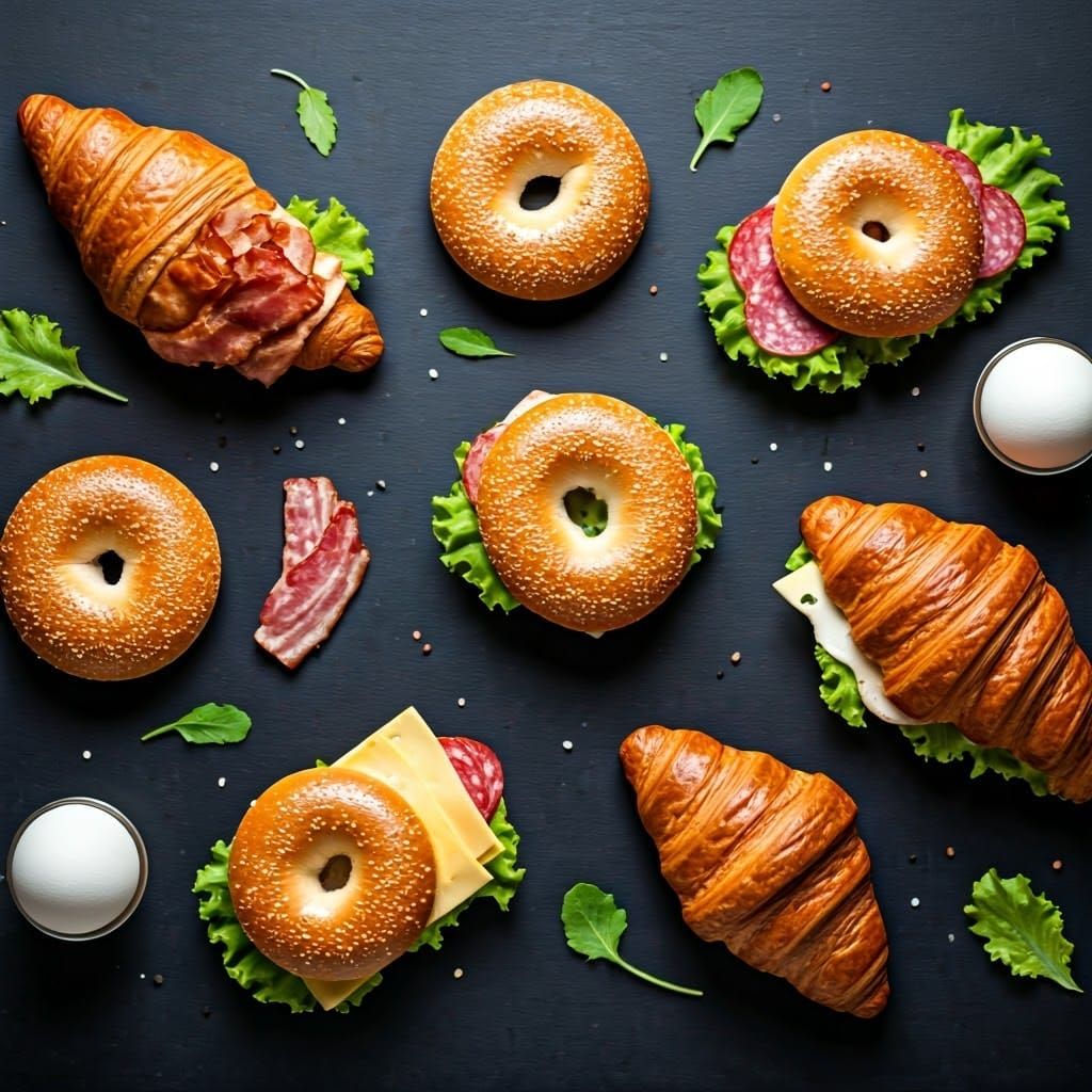 Breakfast Delights with Flaky Croissants and Crunchy Bagels