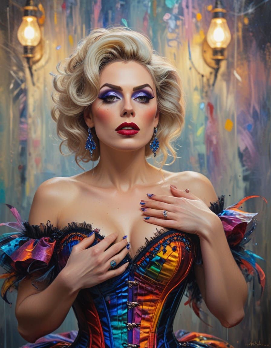 Drag Queen Adjusts Corset with Expressive Eyes