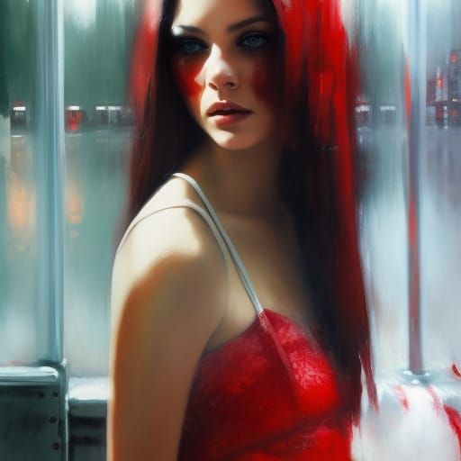 Girl in Subway, Photorealistic Painting