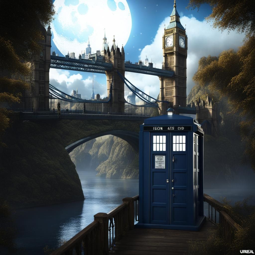 London Bridges and TARDIS Under Moon in Detailed Illustratio...