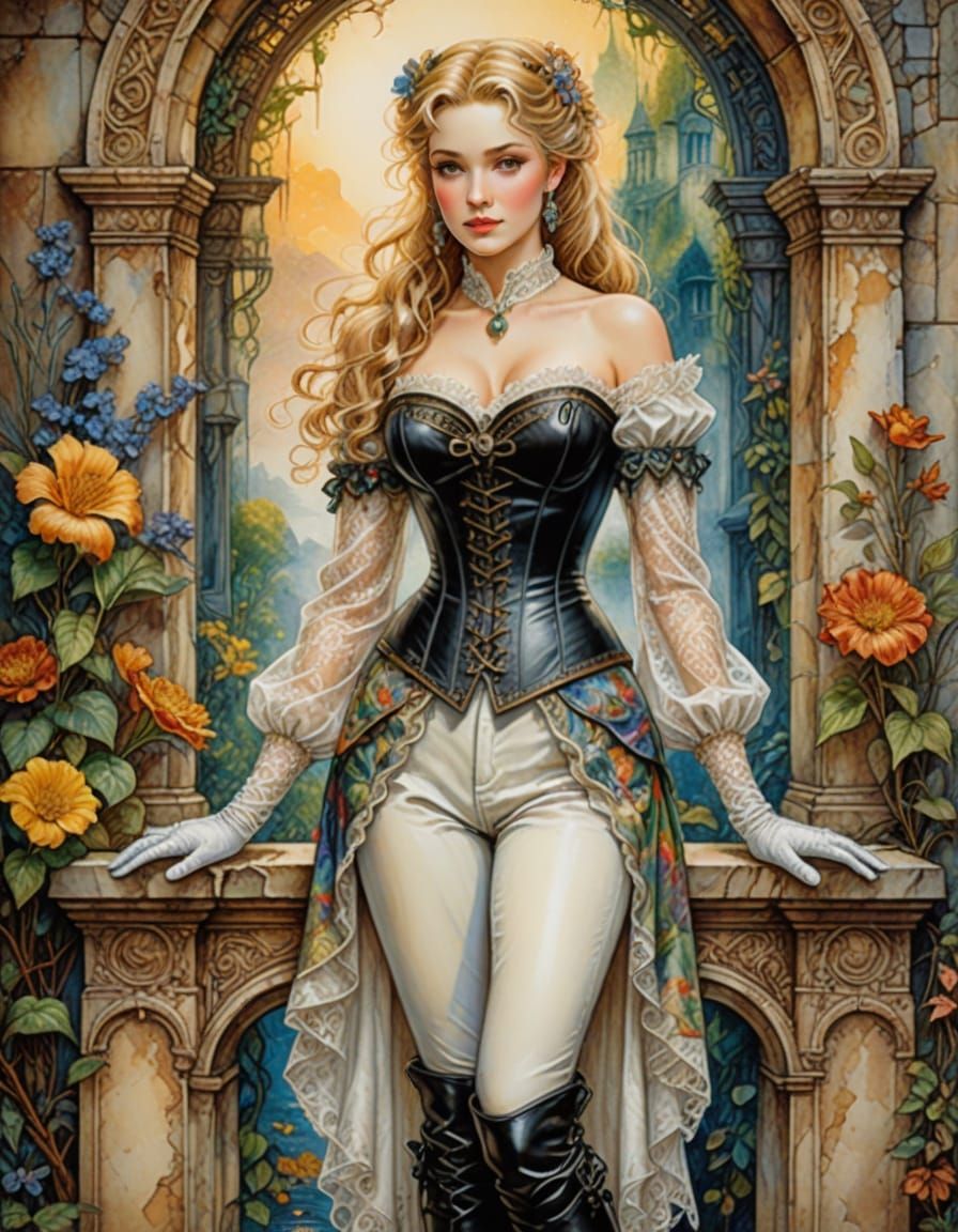 Antique Art Nouveau Pinup Portrait in Watercolor