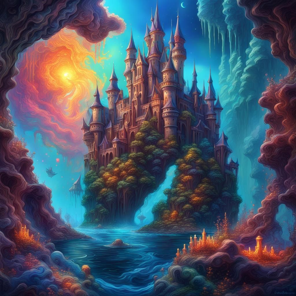 Ocean Castle: Holographic Astral Illustration in Mixed Media