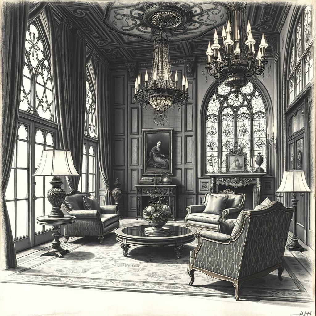 Art Deco Castle Living Room Charcoal Drawing