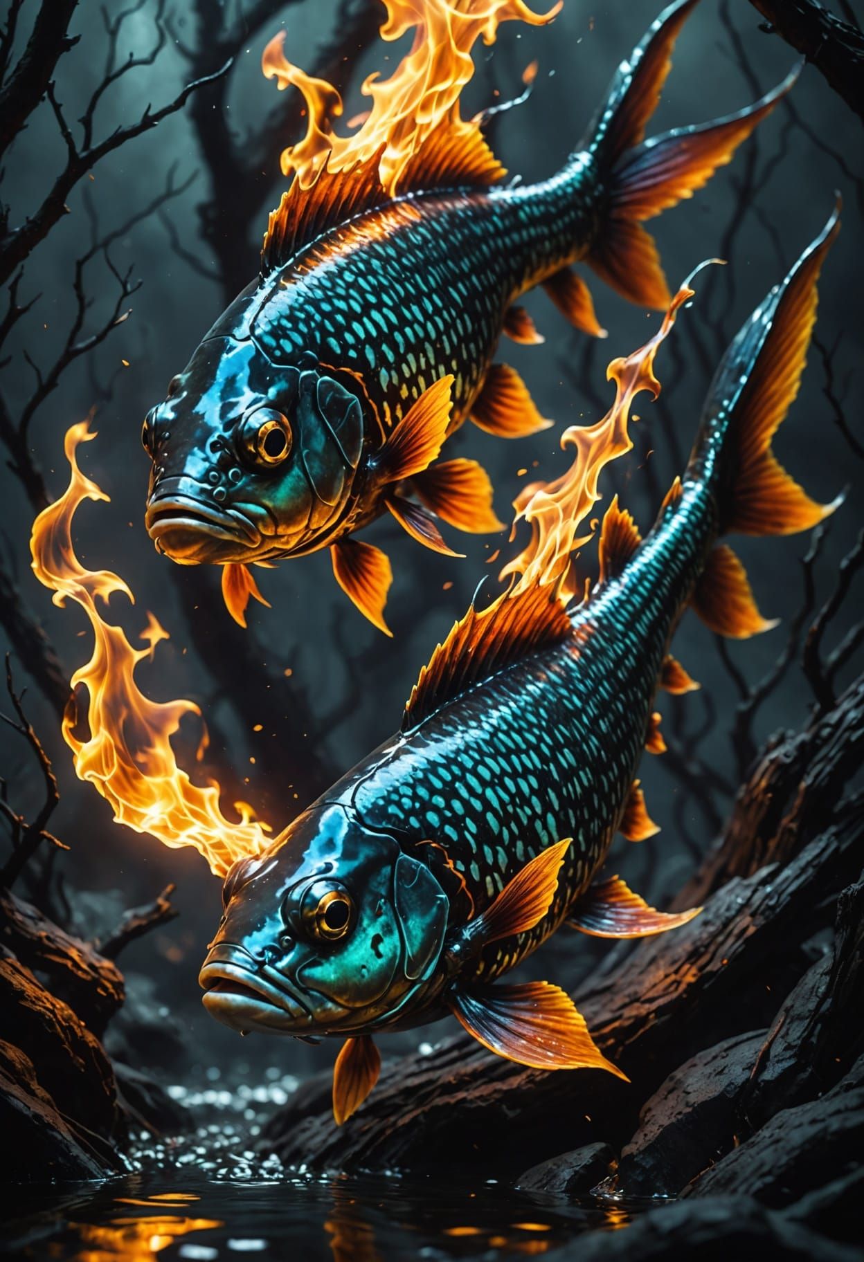 Fantasy Pisces in Inferno of Flames and Ash