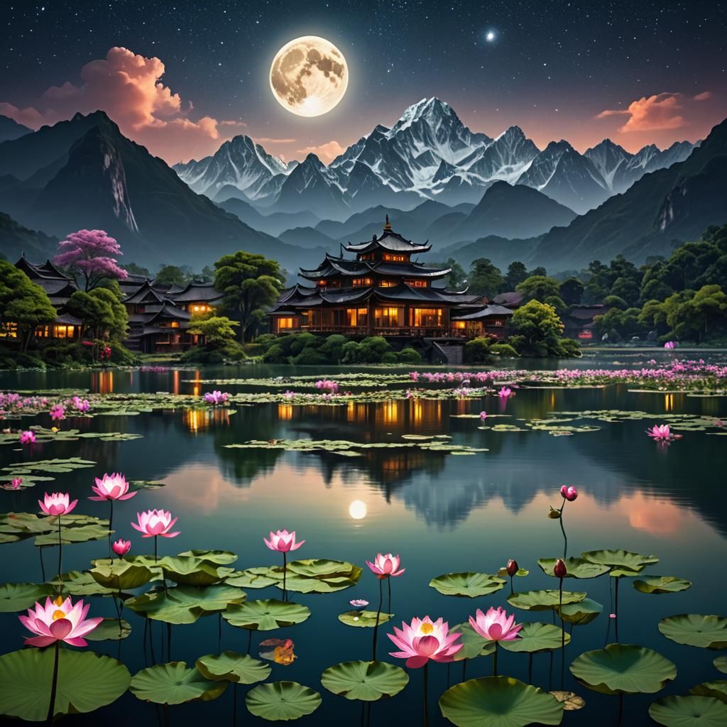 Lotus Lake at Night: Fantasy Concept Art