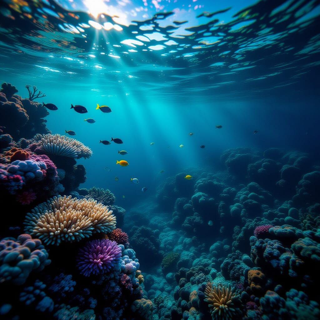 Underwater Reef Juxtaposed with Polluted Ocean Floor