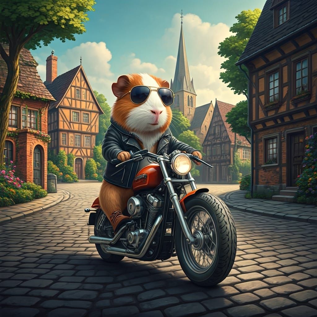 Guinea Pig Biker in Quaint Village