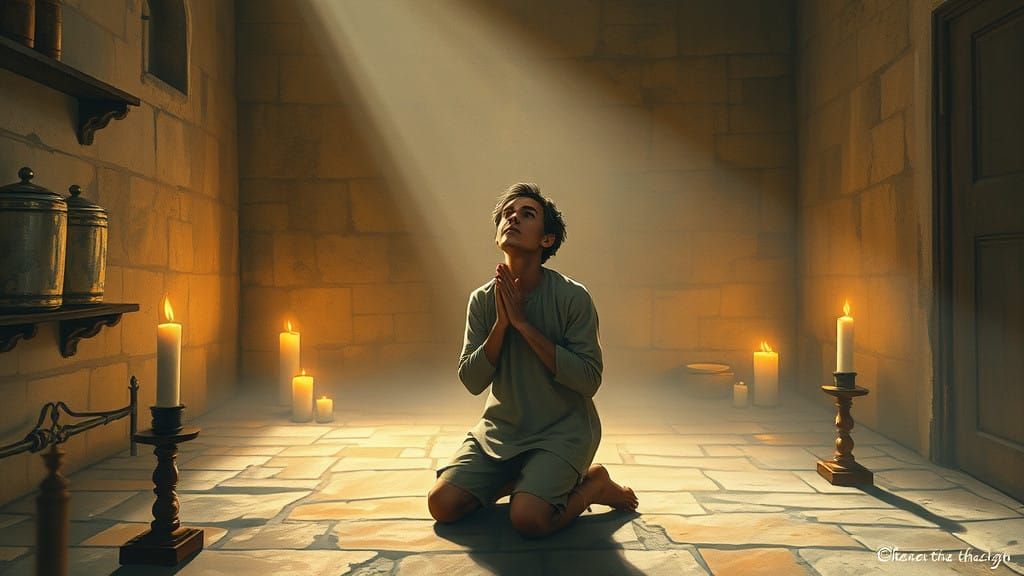 Young Man's Divine Epiphany in Soft Golden Light