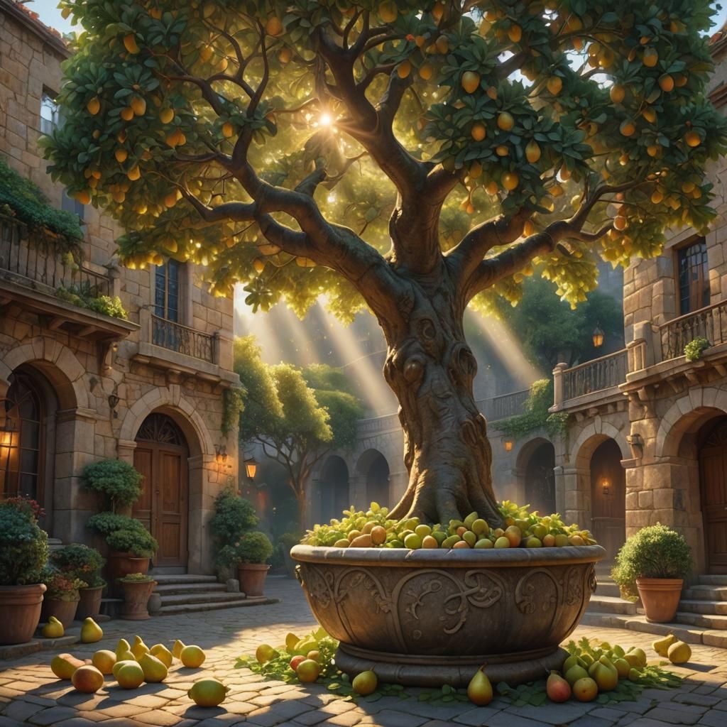 Pear Tree in Courtyard: Warm Glow Digital Painting