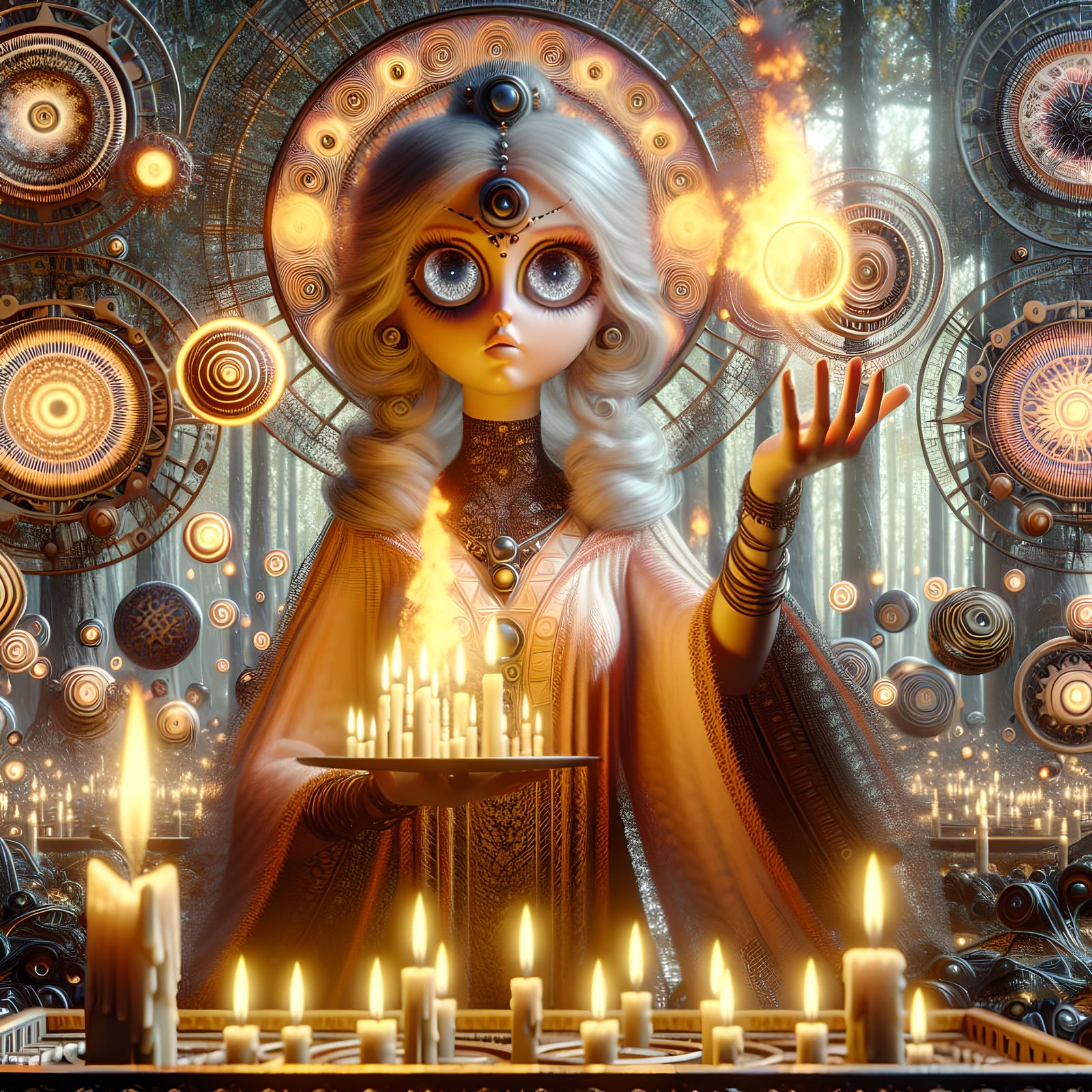 Enchanting Forest Sorceress with Fire and Candle Magic