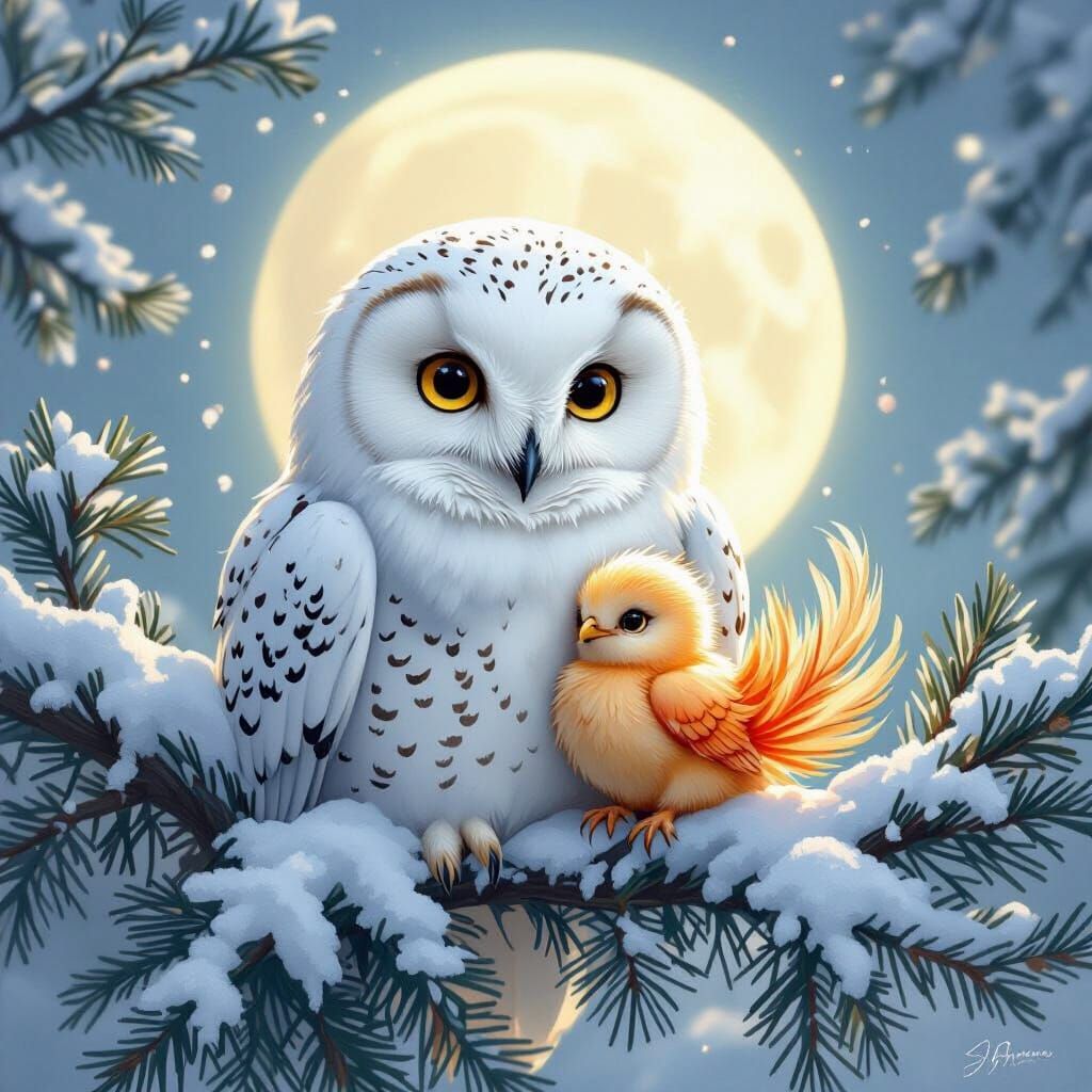 Snowy Owl Cradles Phoenix Chick Under Pale Moon