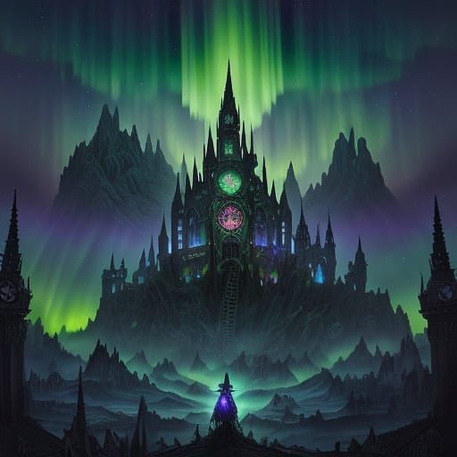 Witches Casting Spells Under Vibrant Aurora Sky