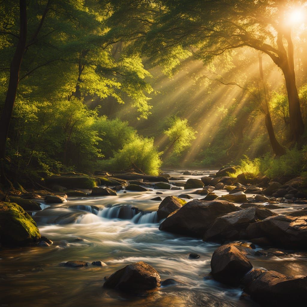 River Flowing Through Lush Forest: Golden Hour Landscape