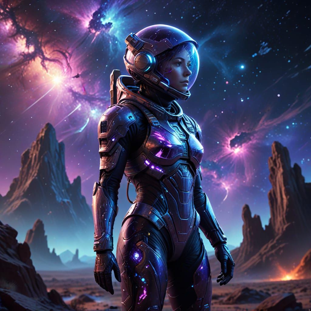 Astronaut Gazes at Nebula on Alien Planet