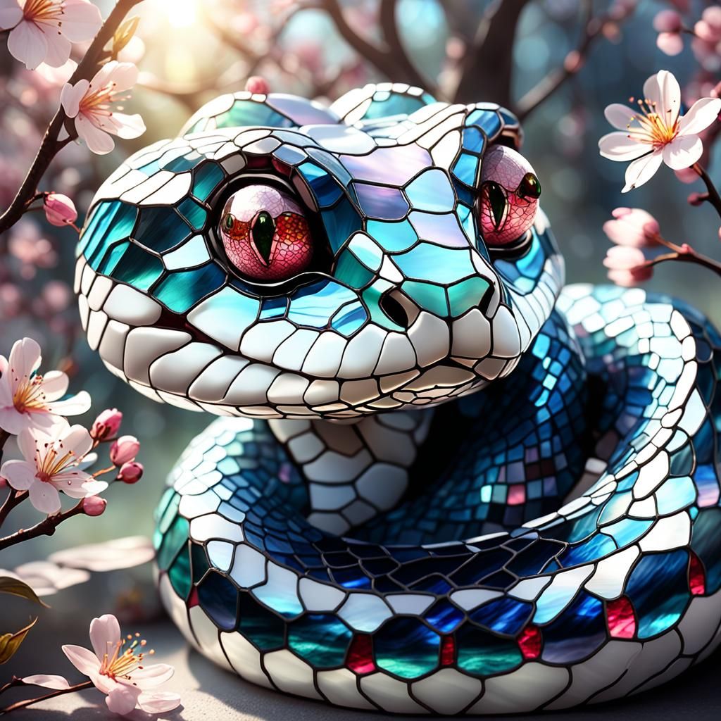 Stained Glass Serpent Amongst Cherry Blossoms