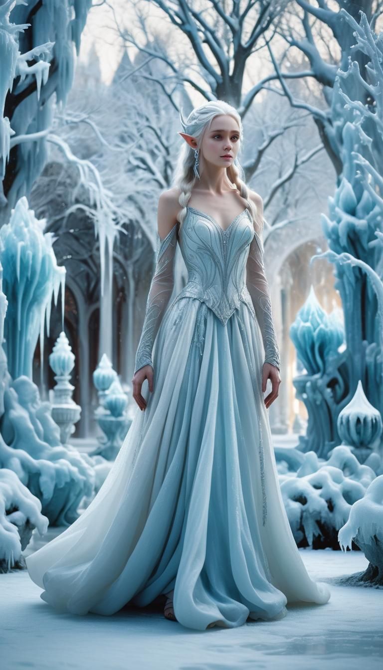 Elf in Winter Court Gown: Photorealistic Film Still