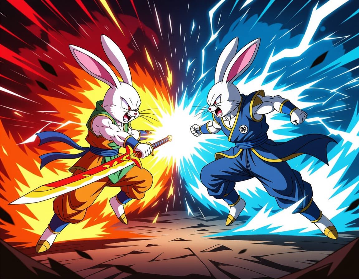 Anime Rabbit Warriors Duel With Fiery Sword and Lightning