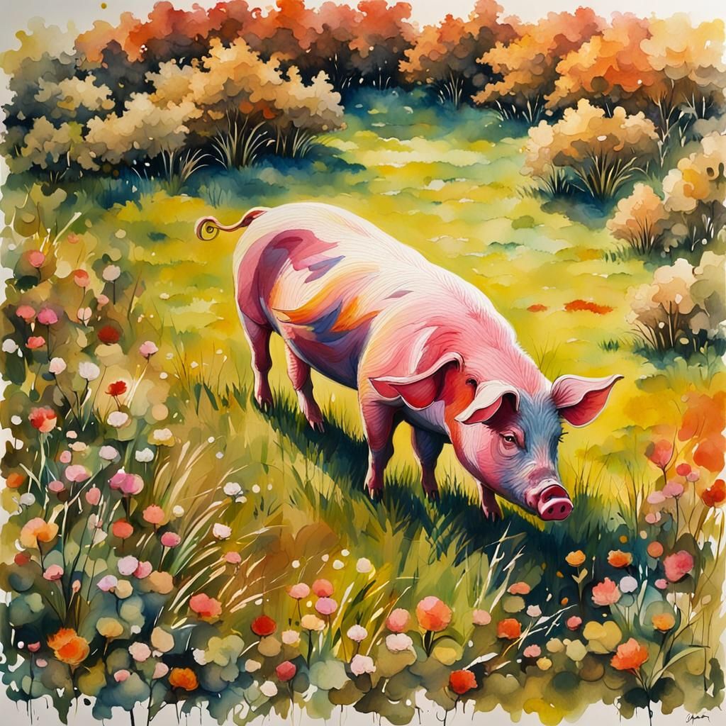 Detailed Gouache Painting of Pig on Meadow