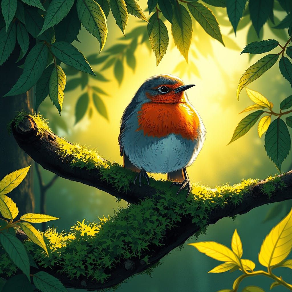 Realistic Robin Sketch with Golden Light and Drop Shadow