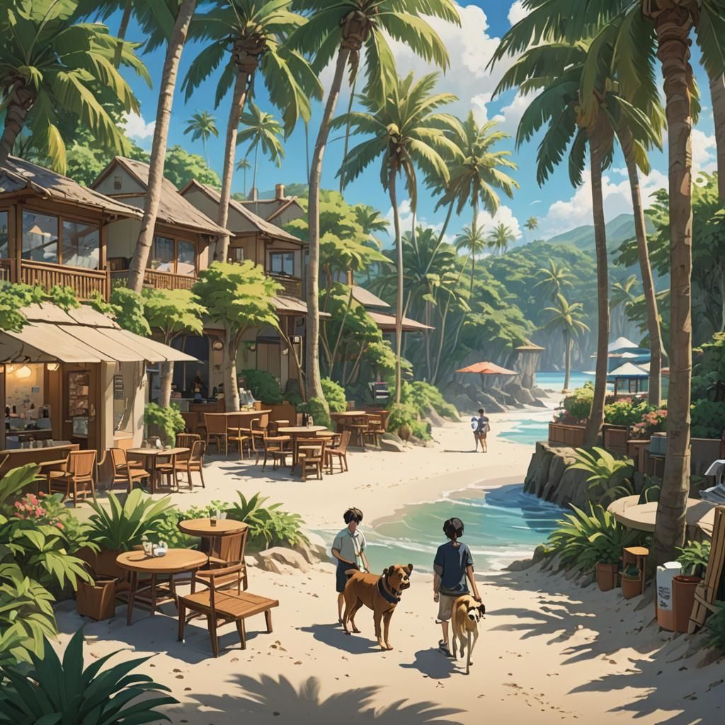 Boy and Dog on Tropical Island, Ghibli Style
