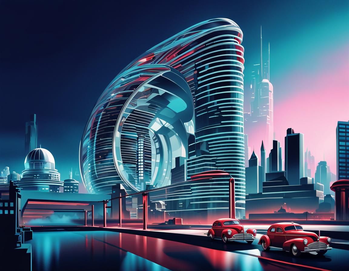1940s Retrofuturistic Car in Art Deco Cityscape