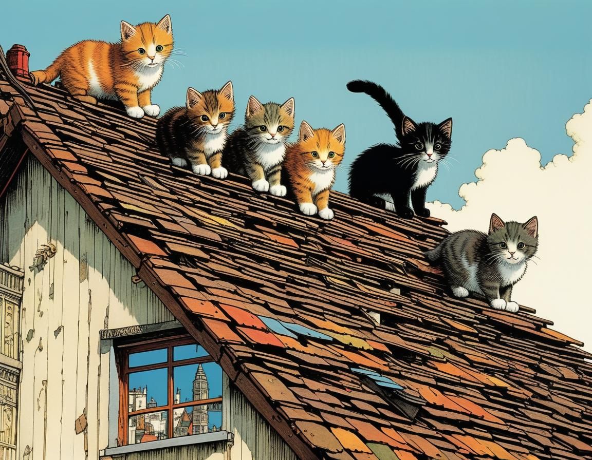 Kittens Climb a Rooftop, Illustrated Style