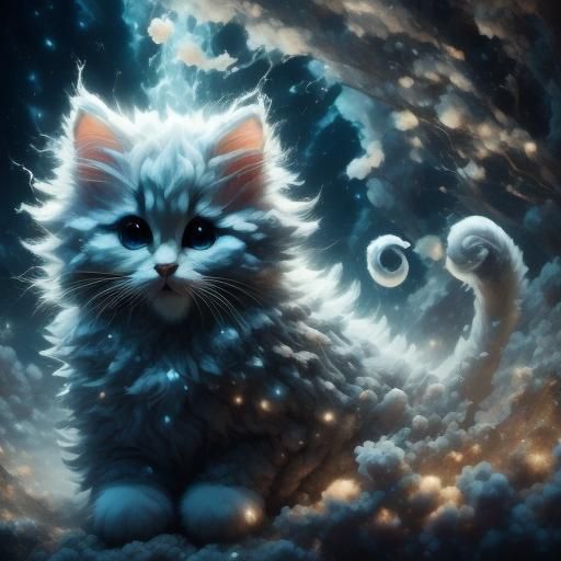 Fluffy Kitten with Cloud-Like Tail: Digital Art