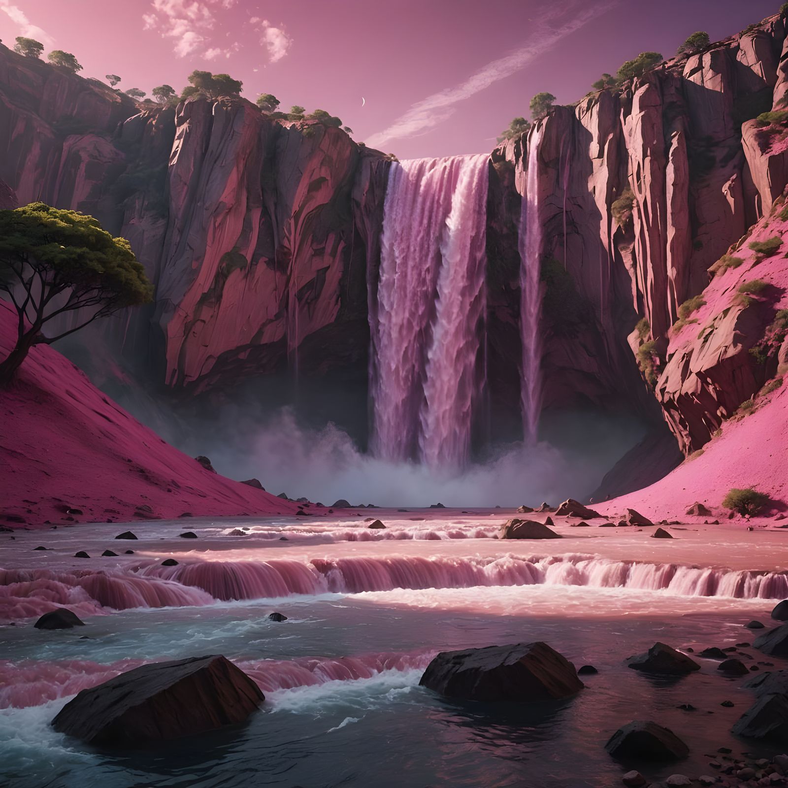 Pink Waterfall on Alien Planet: 8K Photo