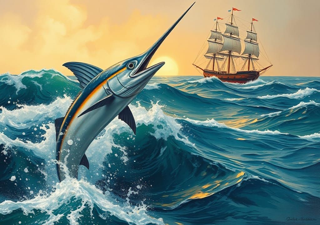 Swordfish Leaps During Storm at Sunset