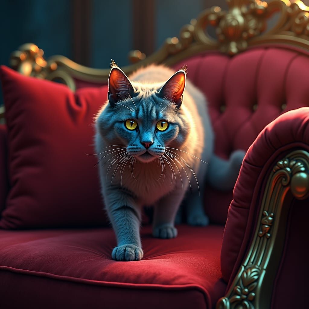 Blue and Gold Cat on Ornate Crimson Couch