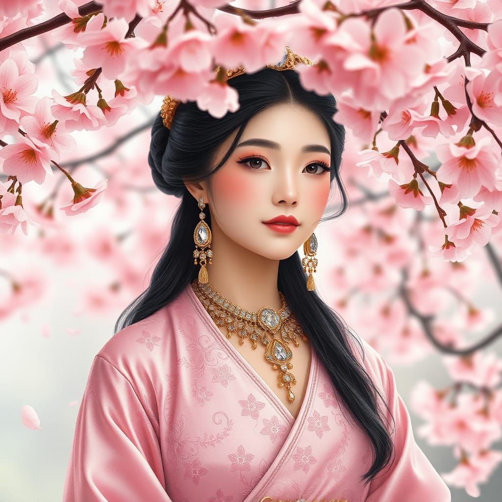 Asian Queen in Cherry Blossom Garden: Watercolor Style