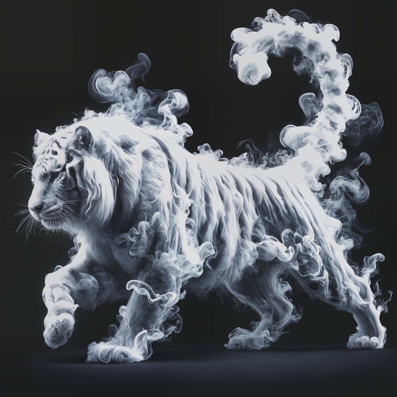 Ethereal Spectral Tiger Constructed from White Smoke