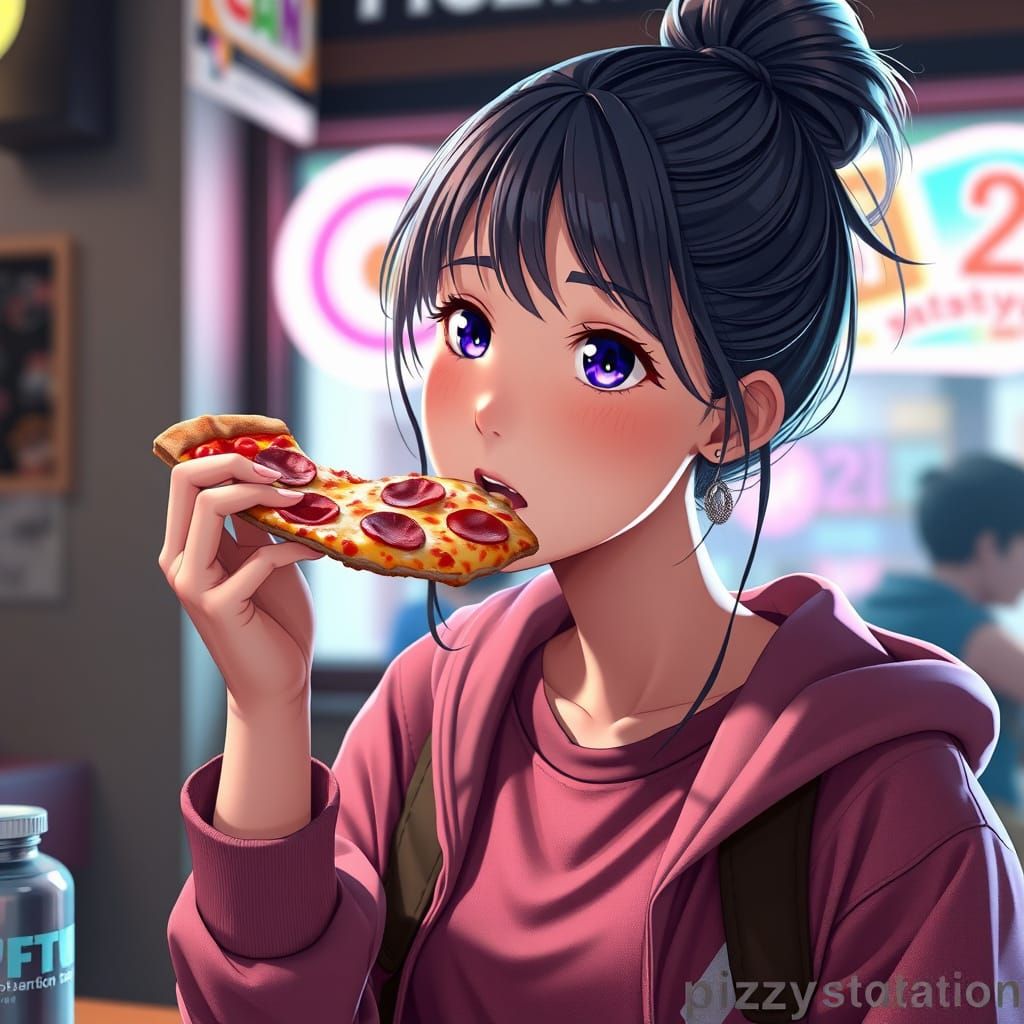 Anime Girl Eating Pizza in Vibrant 3D Style