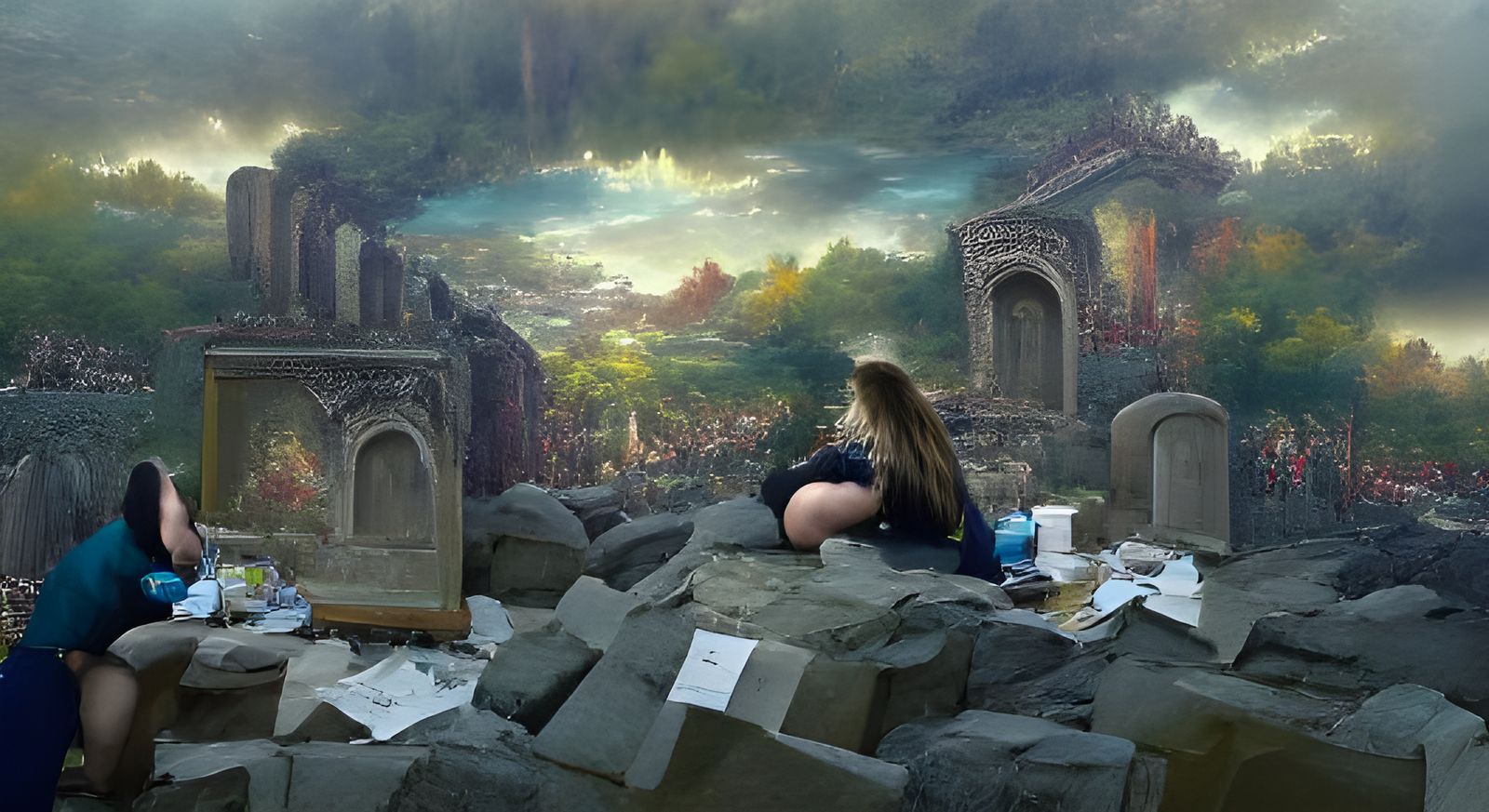Artist Overlooking Ancient Ruins, Maximalist Oil Painting