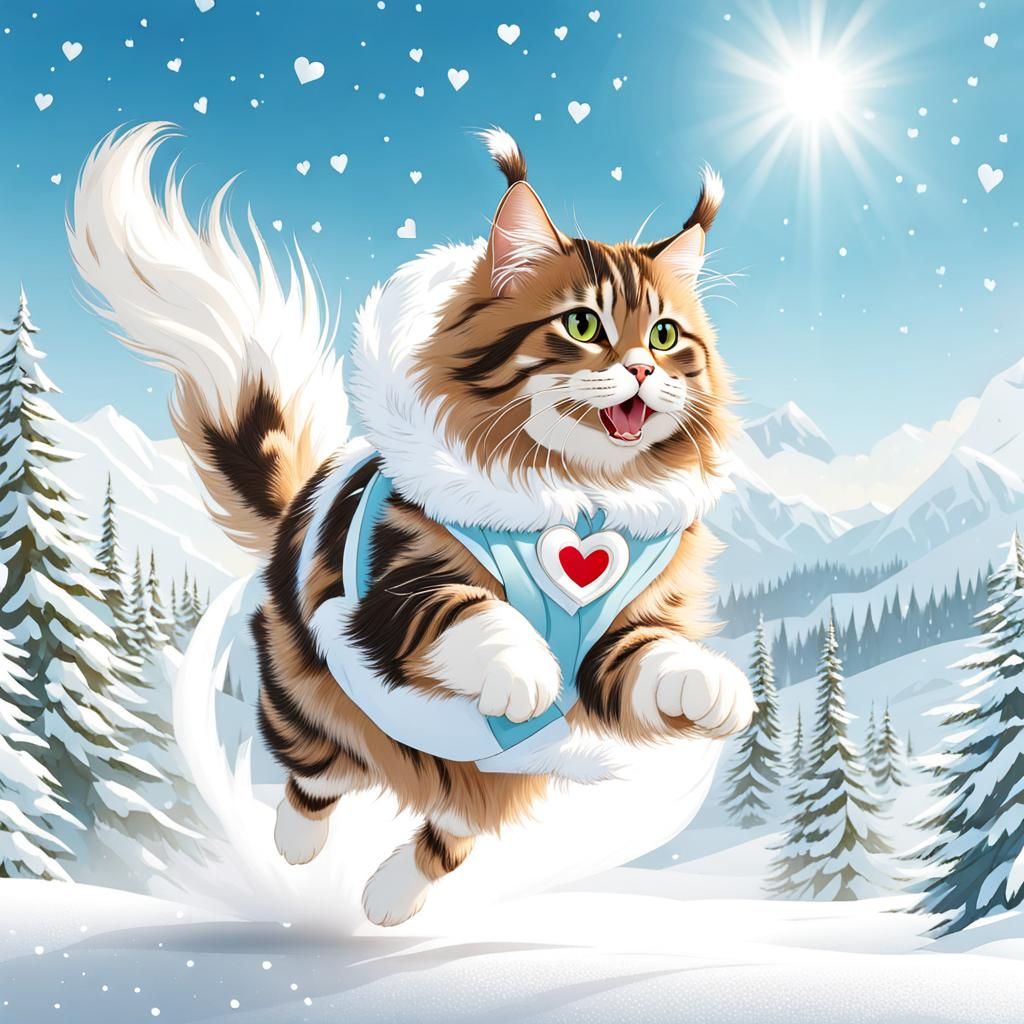 Siberian Cat in Heart Costume Jumps in Snow