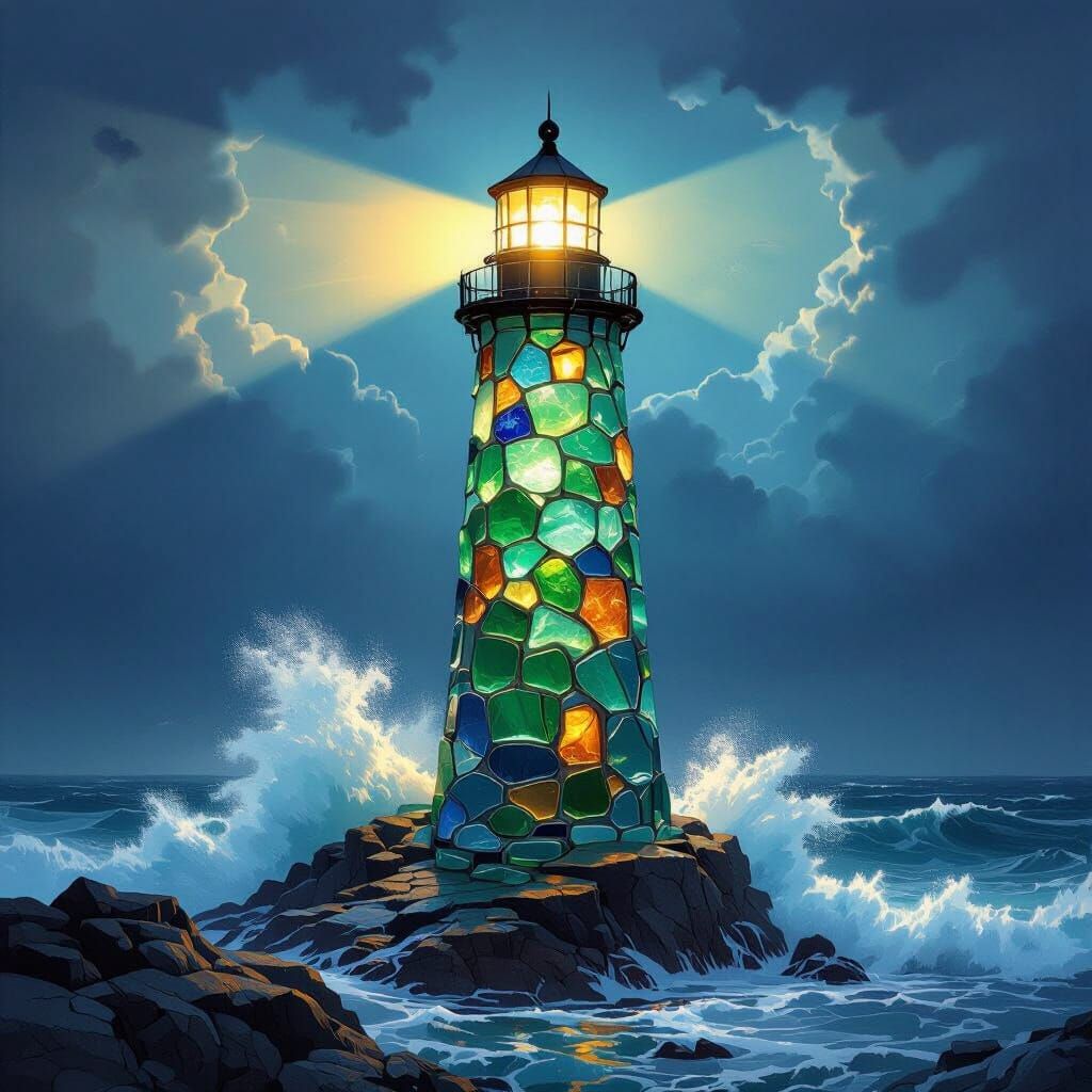 Sea Glass Lighthouse on Stormy Night