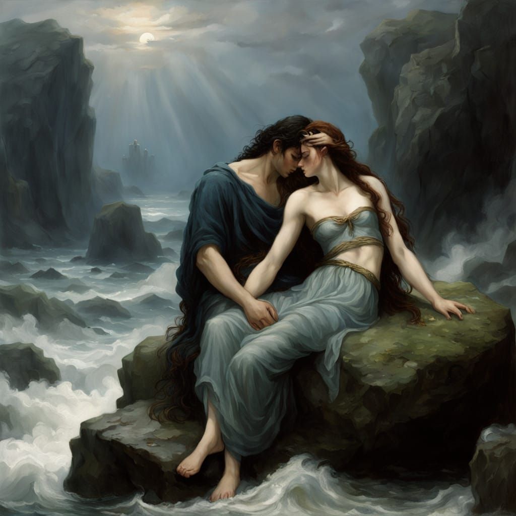 Mournful Siren in Turbulent Sea, Embracing Lifeless Young Ma...