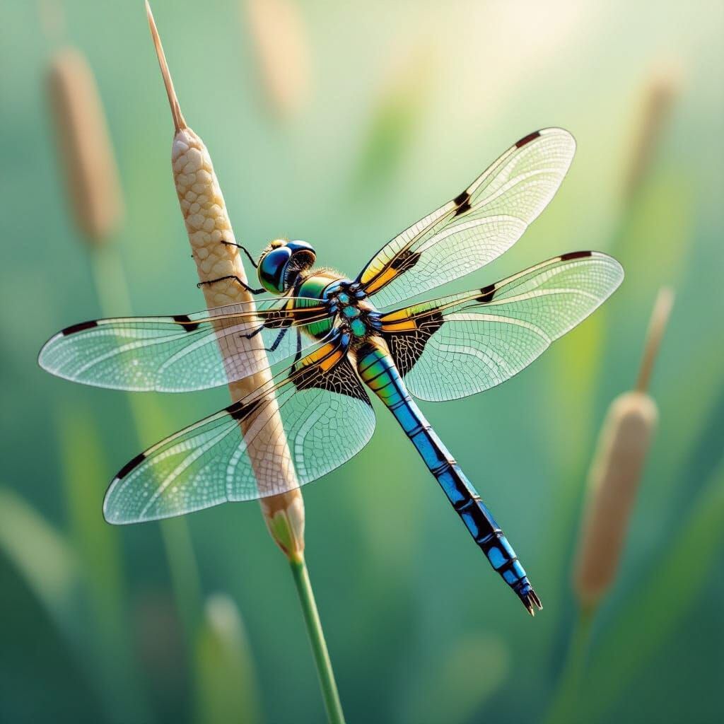 Iridescent Dragonfly Rests on Reed Stem in Watercolor Style