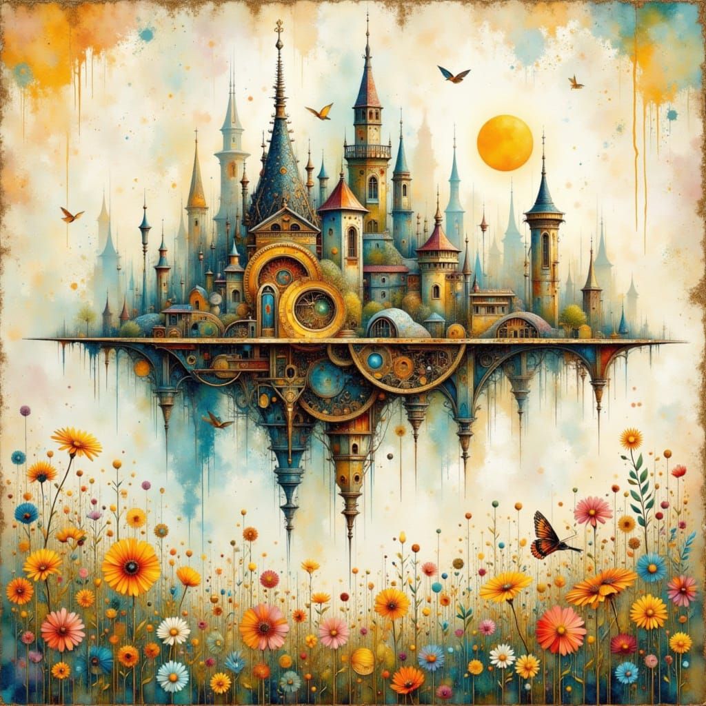 Steampunk Cathedral in Watercolor Fantasy Art