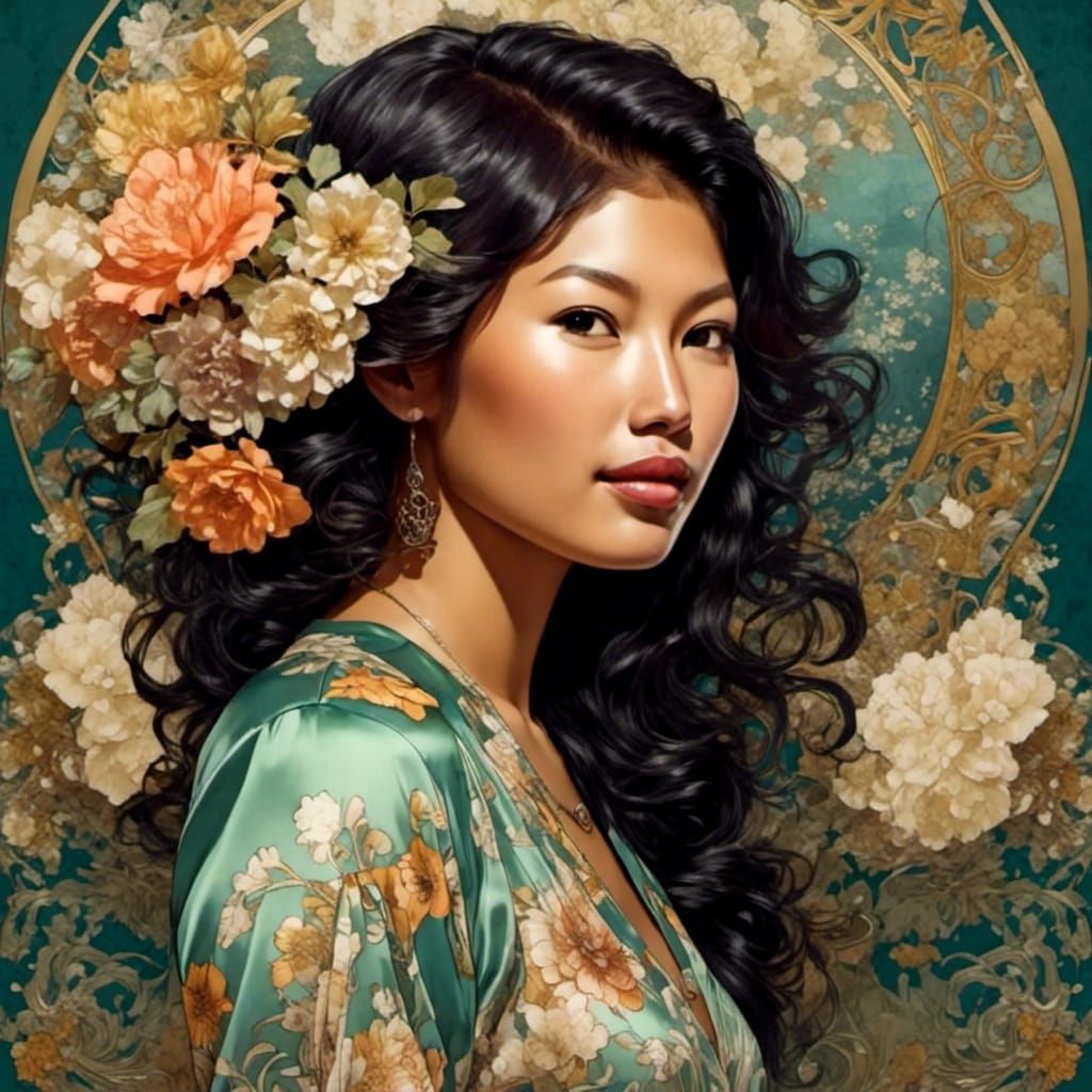 Asian Supermodel in Art Nouveau Style Gown