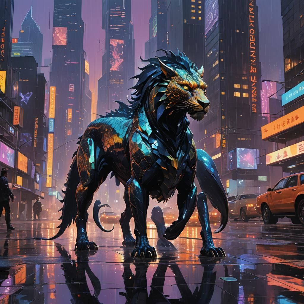 Cyberpunk Dragon-Lion Hybrid in Rainy Cityscape