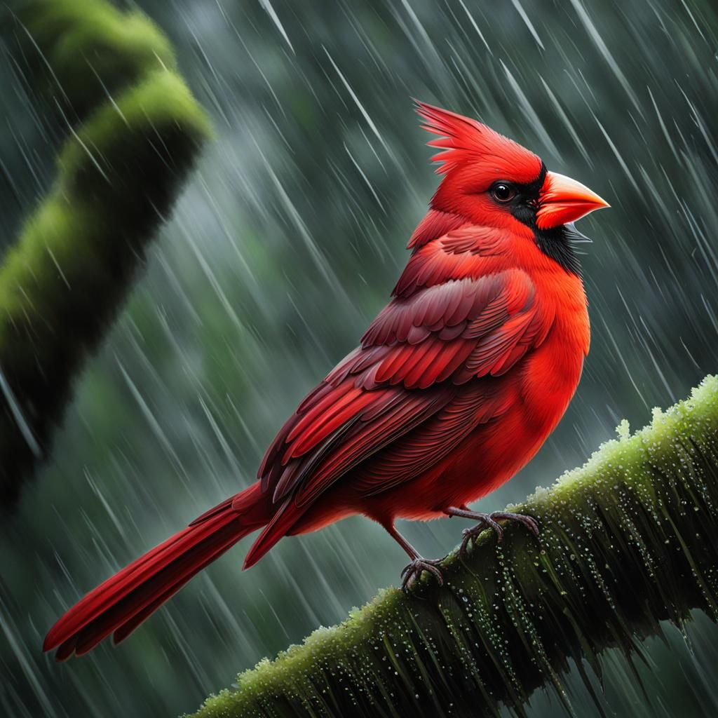 Cardinal Bird in a Lush Wet Forest