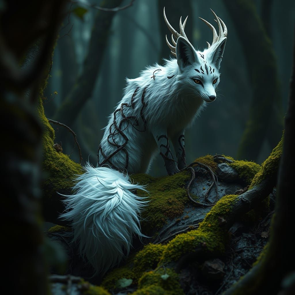 Moss Covered Nine-Tailed Fox in Dark Fantasy Style