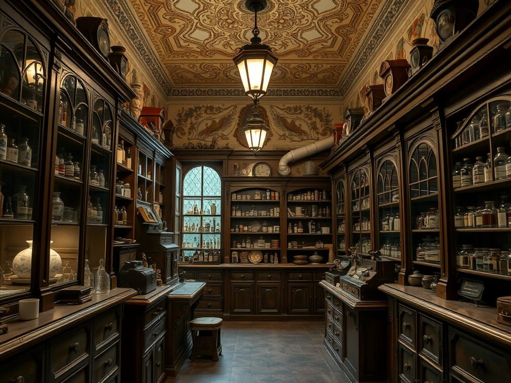 Intricate Old-Fashioned Apothecary Shop Interior